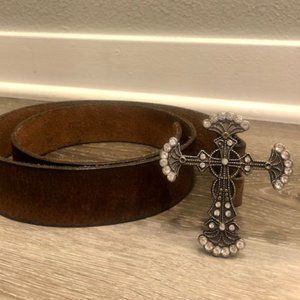 Genuine Leather Belt with Rhinestone Cross